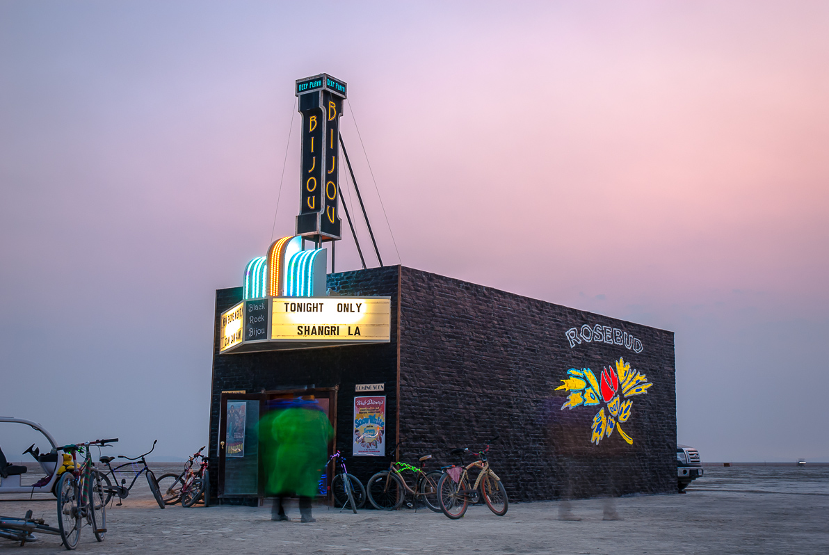The Black Rock BijouBlack Rock City, Burning Man 2013, Cargo Cult, Movie Theater, The Bijou, neon