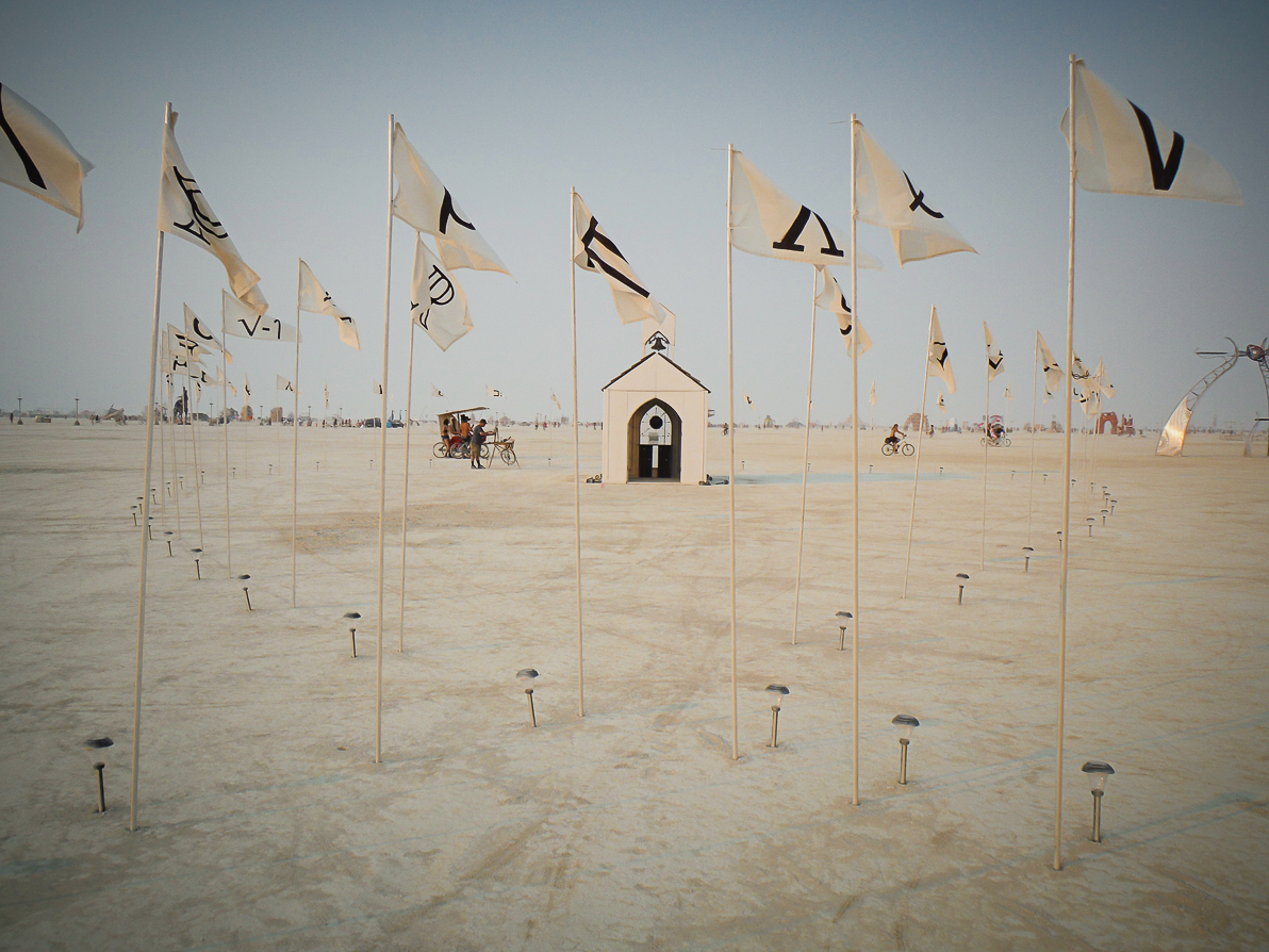 Black Rock City, Burning Man 2013, Cargo Cult, bell tower, flags, white church